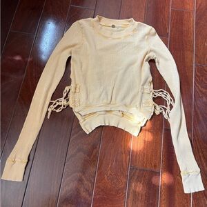 Free People Cream Tie Front Waffle/Ribbed Sweatshirt